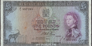 Rhodesia 1964 5 Pounds. Banknote
