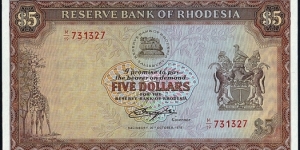 Rhodesia 1978 5 Dollars. Banknote