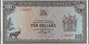 Rhodesia 1979 10 Dollars. Banknote