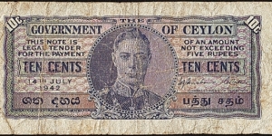 Ceylon 1942 10 Cents. Banknote