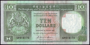 Hong Kong 1988 10 Dollars.

 Banknote