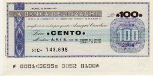 *Emergency Notes __ Local Mini-Check* __ 100 Lire__pk# NL__la Banca Belinzaghi__10.06.1977__Milano Banknote