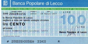 *Emergency Notes __ Local Mini-Check* __ 100 Lire__pk# NL__Banca Popolare di Lecco__28.03.1977__Lecco Banknote