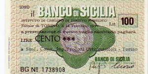 *Emergency Notes __ Local Mini-Check* __ 100 Lire__pk# NL__Il Banco di Sicilia__14.02.1977__Torino Banknote