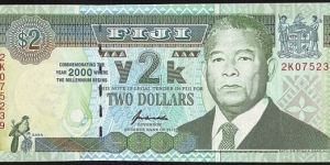 Fiji 2000 2 Dollars.

Millennium commemorative. Banknote