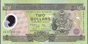 Solomon Islands 2001 2 Dollars.

25 Years of the Central Bank of the Solomon Islands.

This is the only Solomon Islands polymer plastic note. Banknote