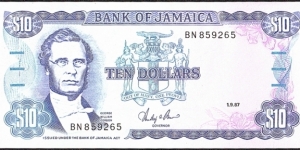 Jamaica 1987 10 Dollars. Banknote