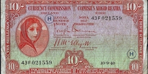 Ireland 1940 H 10 Shillings. Banknote