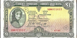 Ireland 1942 V 1 Pound. Banknote