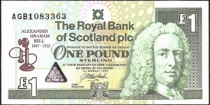 Scotland 1997 1 Pound.

Birth Sesquicentenary of Alexander Graham Bell. Banknote