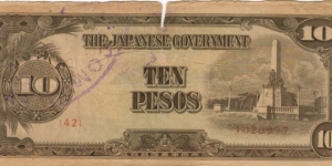 PI-111 Philippine 10 Peso replacement note under Japan rule, plate number 42. Banknote