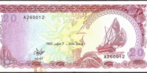 Maldive Islands AH1404 (1983) 20 Rufiyaa. Banknote