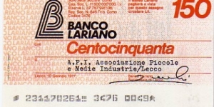 *Emergency Notes __ Local Mini-Check* __ 150 Lire__pk# NL__ Banco Lariano __10.01.1977__ Lecco Banknote