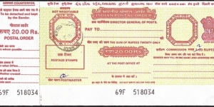 India 2008 20 Rupees postal order. Banknote