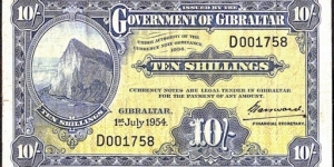 Gibraltar 1954 10 Shillings. Banknote