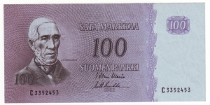 100 Markkaa Serie C Banknote size 142 X 69mm (inch 5,591 X 2,717) Made of 32,500,000 pieces This note is made of 1967 Banknote