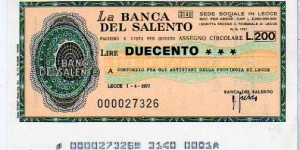 *Emergency Notes __ Local Mini-Check* __ 200 Lire__pk# NL__La Banca del Salento__01.04.1977__Lecce Banknote