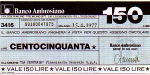 *Emergency Notes __ Local Mini-Check* __ 150 Lire__pk# NL__Banco Ambrosiano__15.04-1977__Milano Banknote