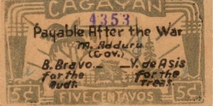 S-178a Cagayan 5 centavo note with black text. Banknote