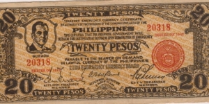 S-224c Cebu 20 Pesos note with facsimile signatures of all 3 board members. Banknote