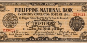 S-218a Cebu 20 Pesos note. Banknote
