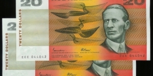 1974 $20 notes EEE solid prefix pair in EF Banknote