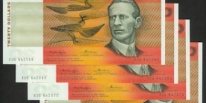 1976 $20 Notes with Metallic Strip in the Centre - SCARCE Run of 4 Notes in UNC Banknote