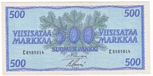 500 Markkaa Banknote size 142 X 70mm (inch 5,591 X 2,756) Made of 68.000.000 pieces 
 
This note is made of 1959 Banknote