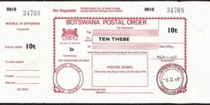 Botswana 1992 10 Thebe postal order. Banknote