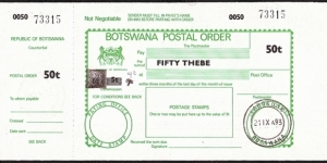 Botswana 1993 50 Thebe postal order. Banknote