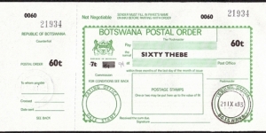 Botswana 1993 60 Thebe postal order. Banknote