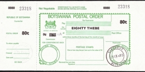 Botswana 1993 80 Thebe postal order. Banknote