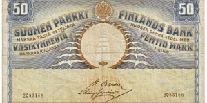 50 Markkaa 1909
Rare
Banknote size 154 X 93mm (inch 6,063 X 3,66) This note is made of 29.10-05.11.1917 Banknote