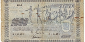 1000 Markkaa Serie A Litt.D  
Rare
Banknote size 203 X 120mm (inch 7,99 X 4,72) This note is made of 11.10-13.10.1939 Banknote