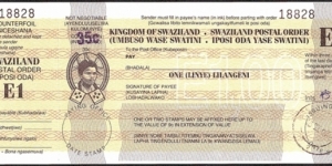 Swaziland 1996 1 Lilangeni postal order. Banknote