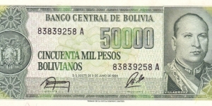 Bolivia P196 (5 centavos on 50000 pesos bolivianos ND 1987) Banknote