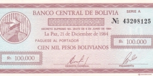 Bolivia P188 (100000 pesos bolivianos 21/12-1984) Banknote