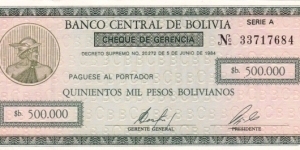 Bolivia P198 (50 centavos on 500000 pesos bolivianos ND 1987) Banknote