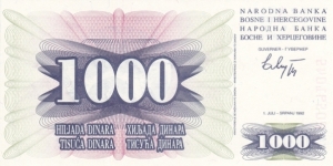 Bosnia-Hercegovina P15a (1000 dinara 1/7-1992) Banknote