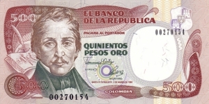 Colombia P431A (500 pesos oro 2/3-1992) Banknote