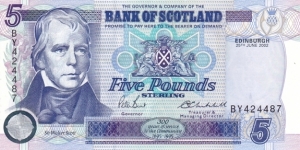 Scotland P119d (5 pounds 25/6-2002) Bank of Scotland Banknote