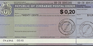 Zimbabwe 1994 20 Cents postal order. Banknote