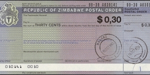 Zimbabwe 1994 30 Cents postal order. Banknote