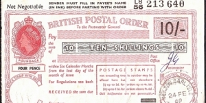 England 1969 10 Shillings postal order. Banknote