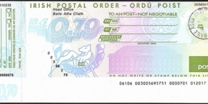 Ireland 1994 70 Pence postal order. Banknote