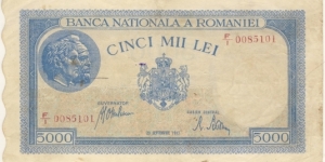5000 Lei Kingdom of Romania 1943 Banknote