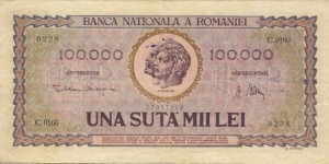 100.000 Lei Kingdom of Romania 1947 Banknote