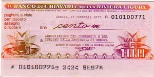 *Emergency Notes __ Local Mini-Check* __ 100 Lire__pk# NL__Banca di Chiavari (Genova)__15.02.1977 Banknote