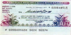 *Emergency Notes __ Local Mini-Check* __ 200 Lire__pk# NL__Banca di Chiavari (Genova)__15.02.1977  Banknote