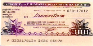 *Emergency Notes __ Local Mini-Check* __ 300 Lire__pk# NL__Banca di Chiavari (Genova)__15.02.1977  Banknote